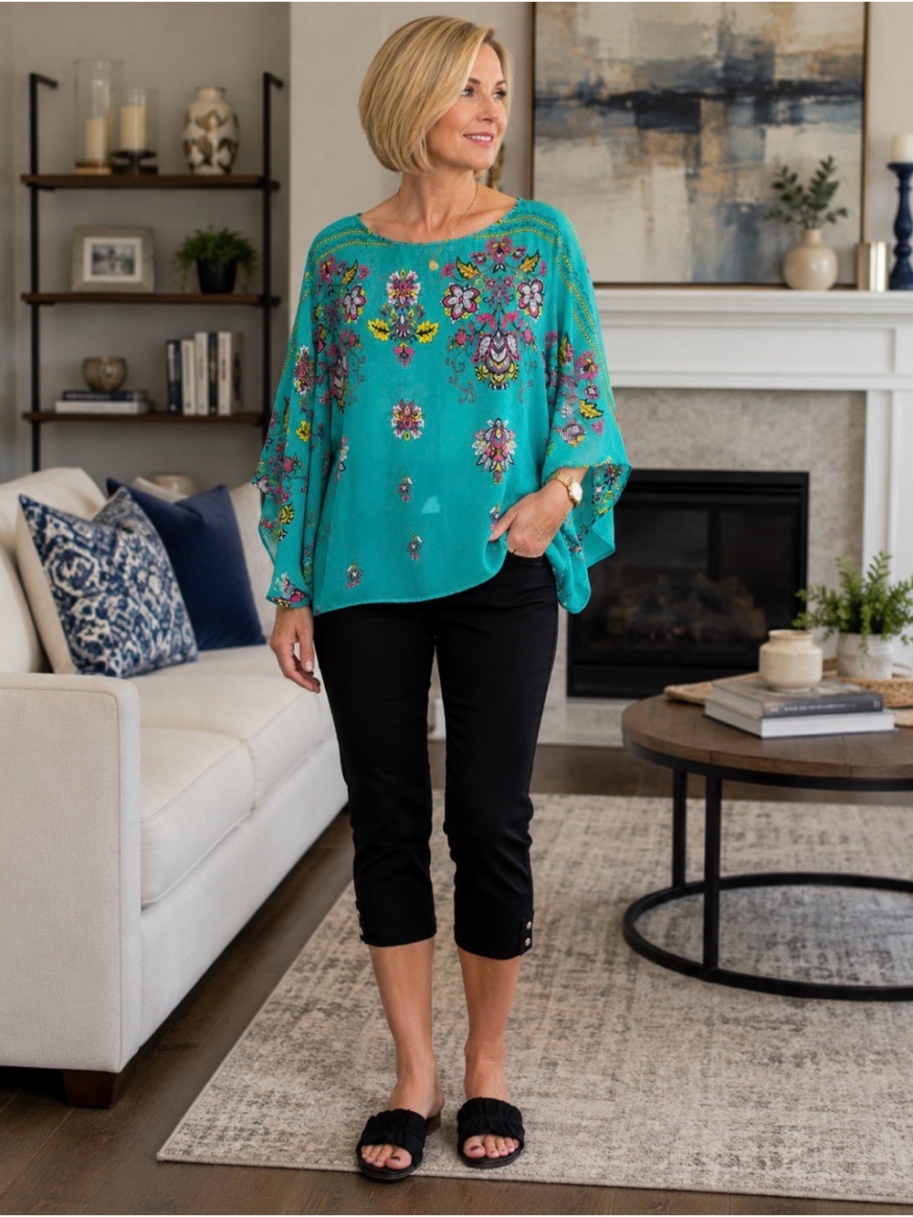 Auditions Teal Floral Print Blouse with Pink and Yellow Accents